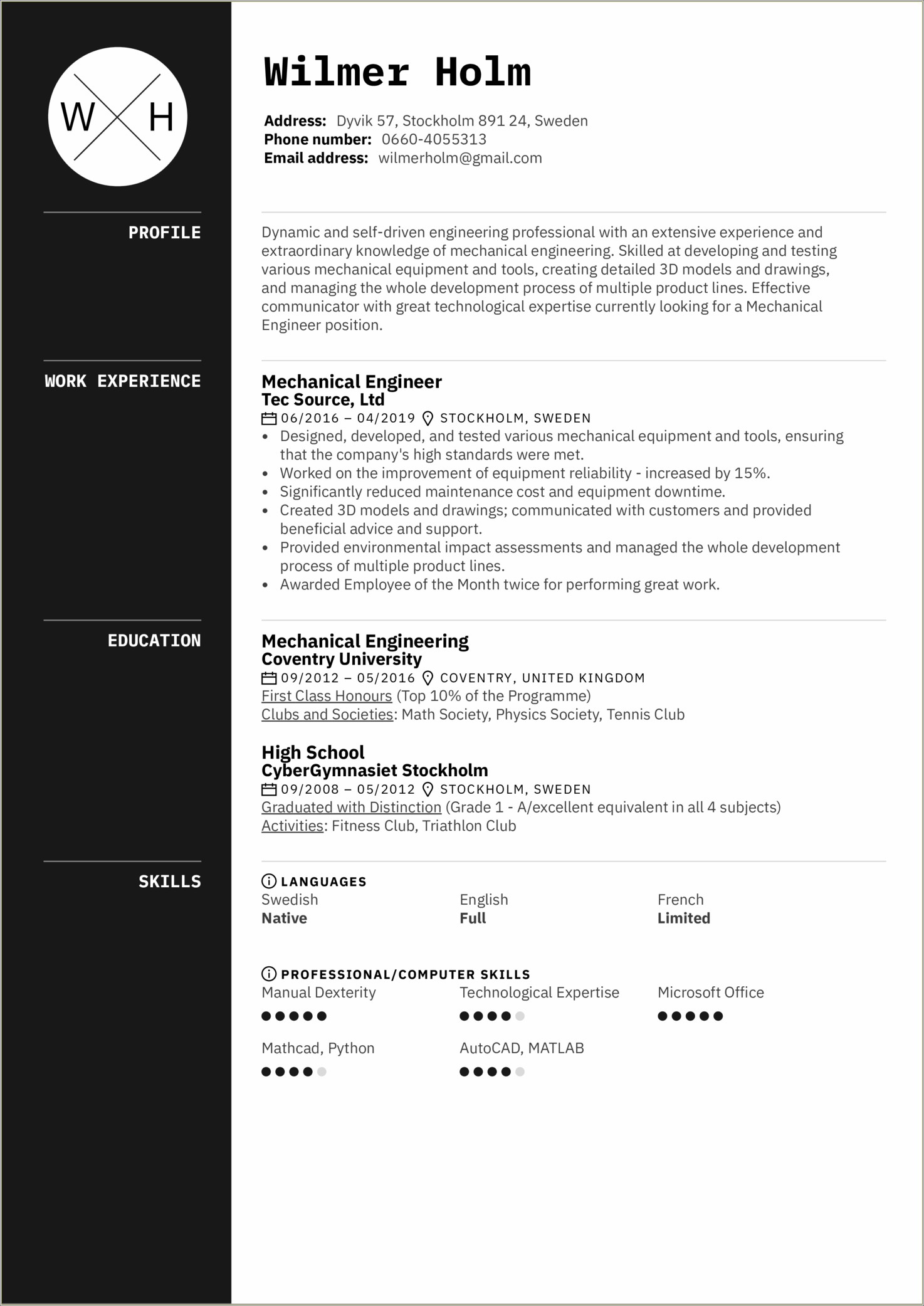 Resume Mechanical Engineer Example 1 Page