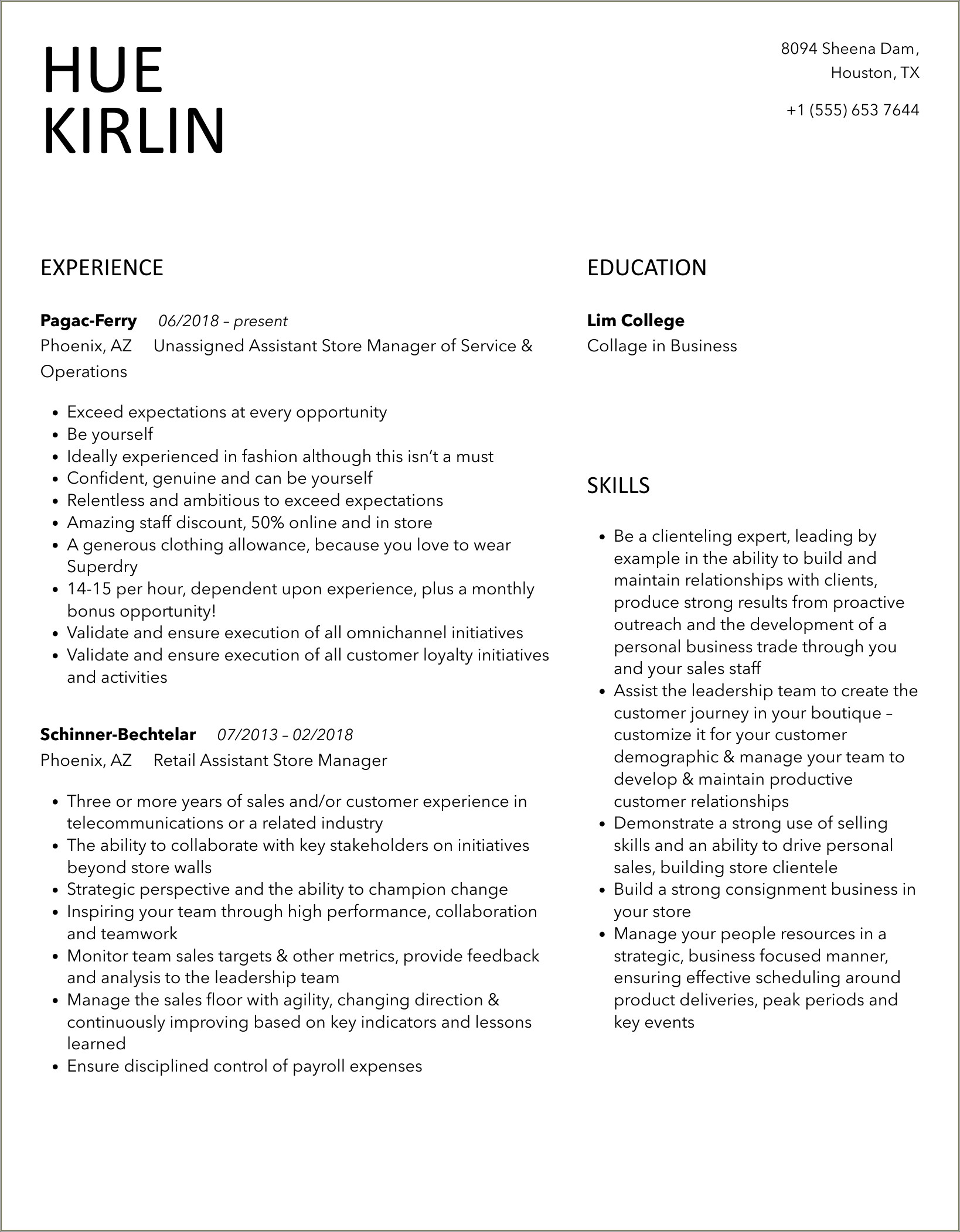 Resume Model For Assistance Manager In Dollartree