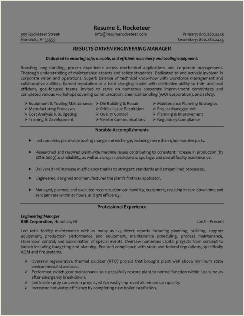 Resume Model For Machine Shop Manager