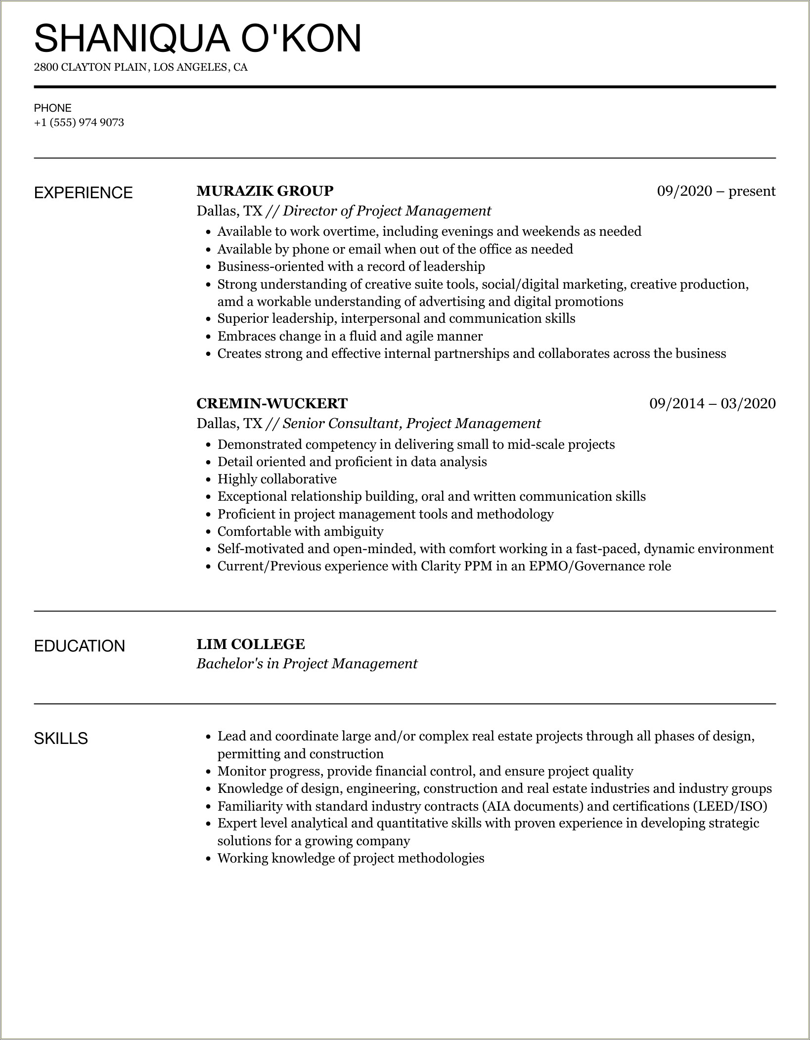 Resume Noting Project Management Professional Pending