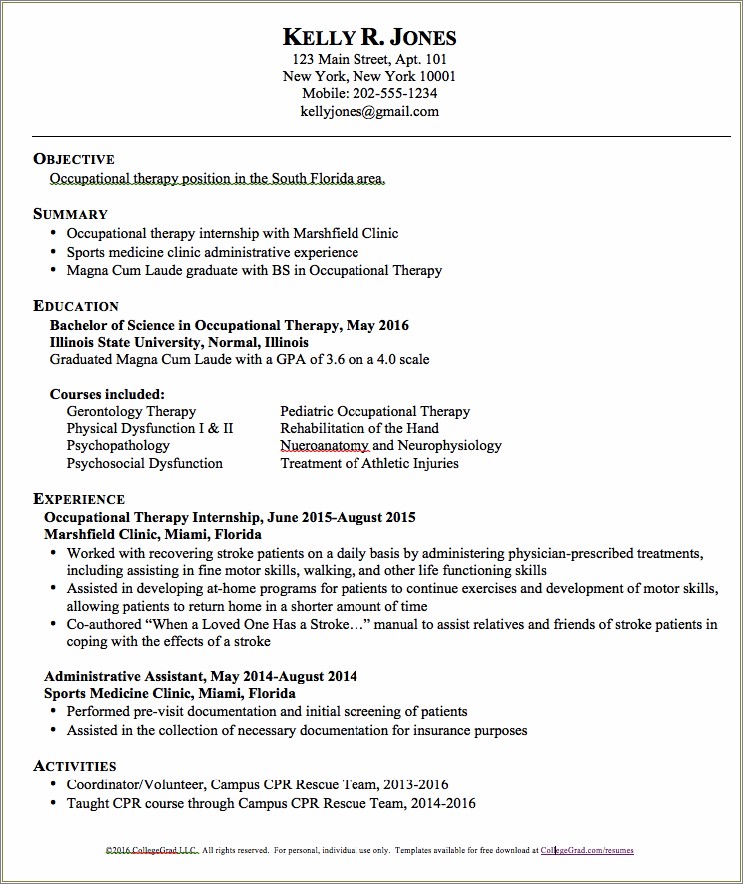 Resume Object For Occupational Therapist Students
