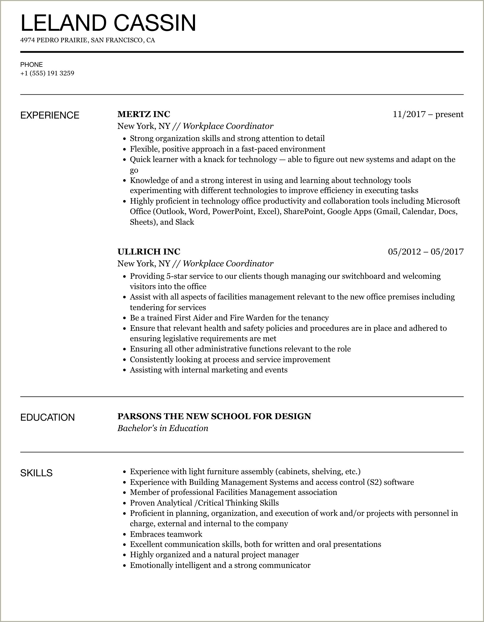 Resume Object For Workplace Experience Coordinator