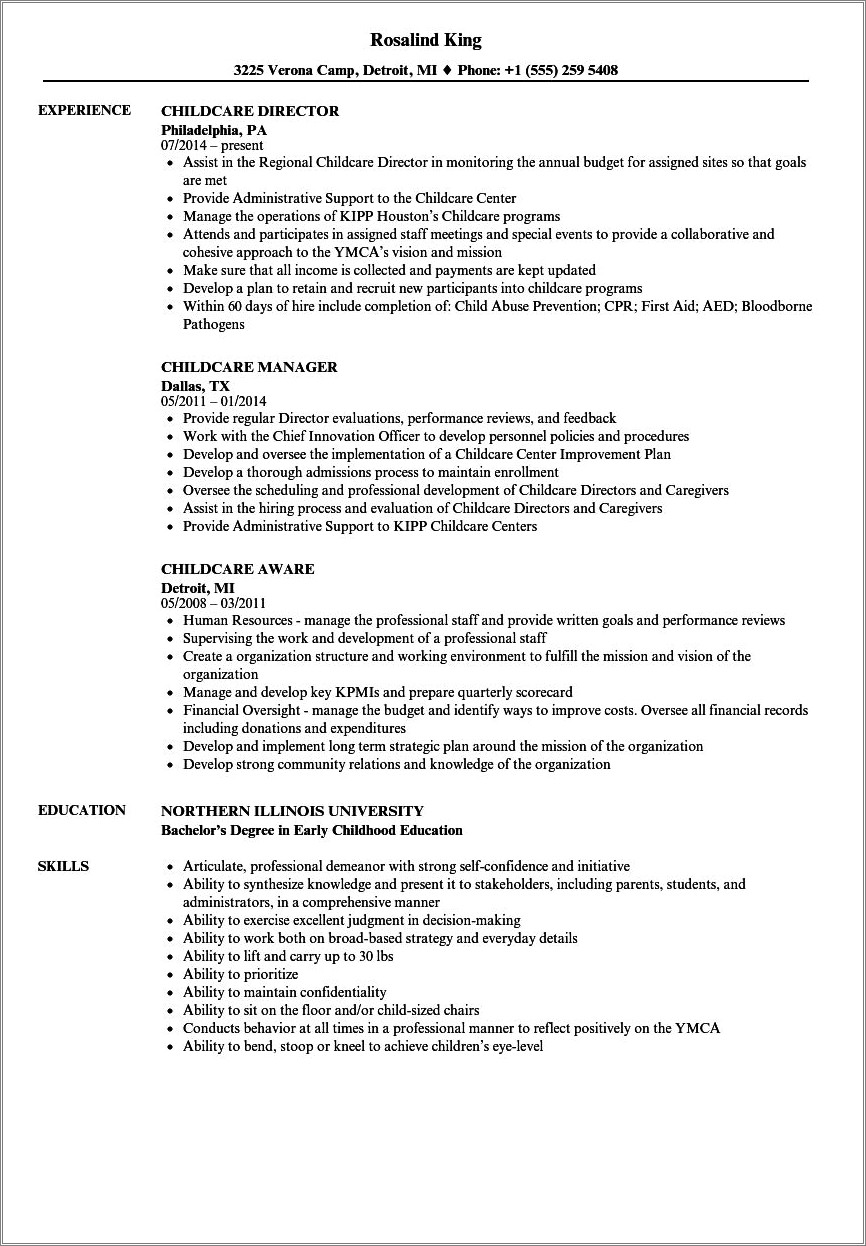 Resume Objective Example For Child Care