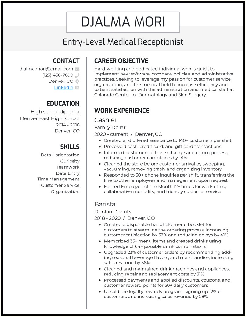 Resume Objective Example For Medical Receptionist