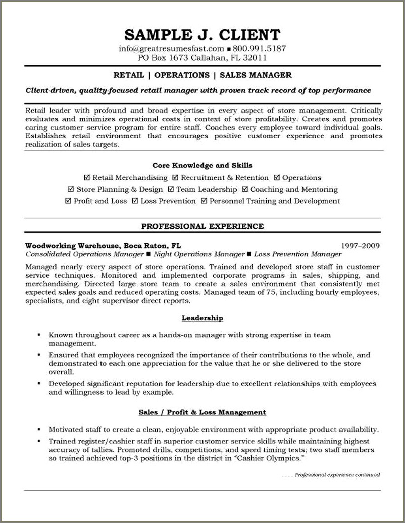 Resume Objective Example For Retail Store