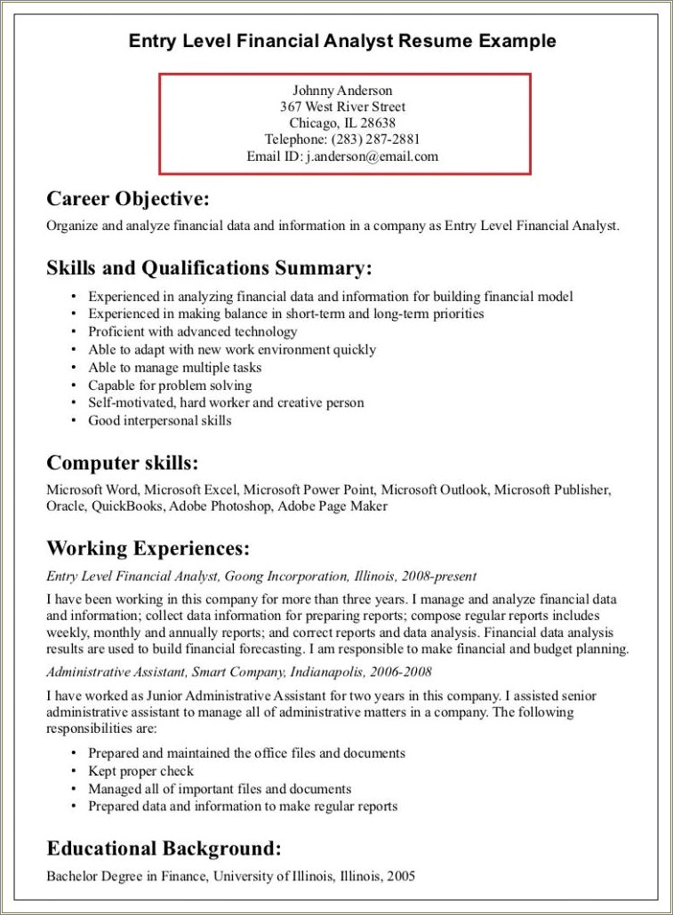 Resume Objective Examples Entry Level Finance