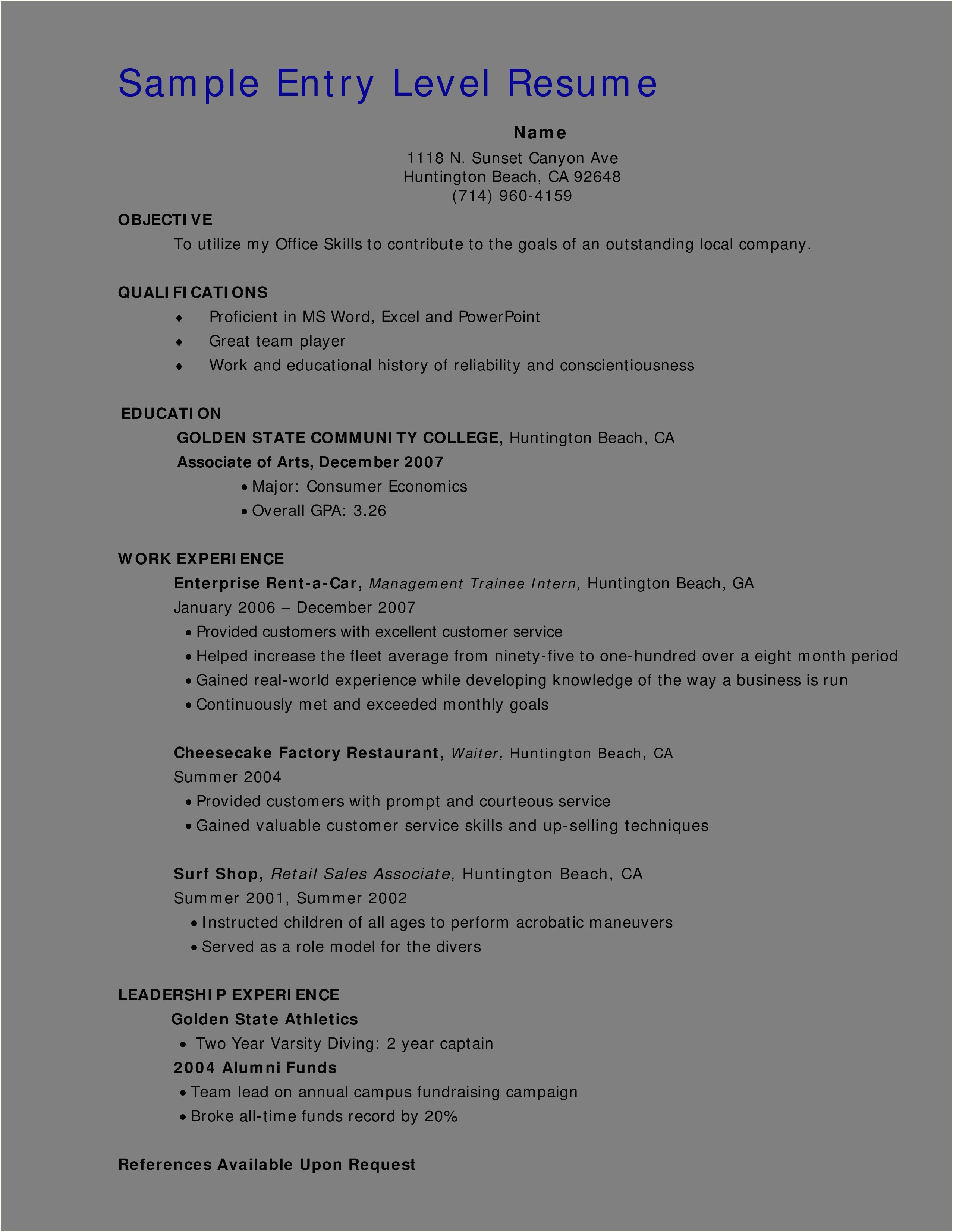 Resume Objective Examples Entry Level Retail