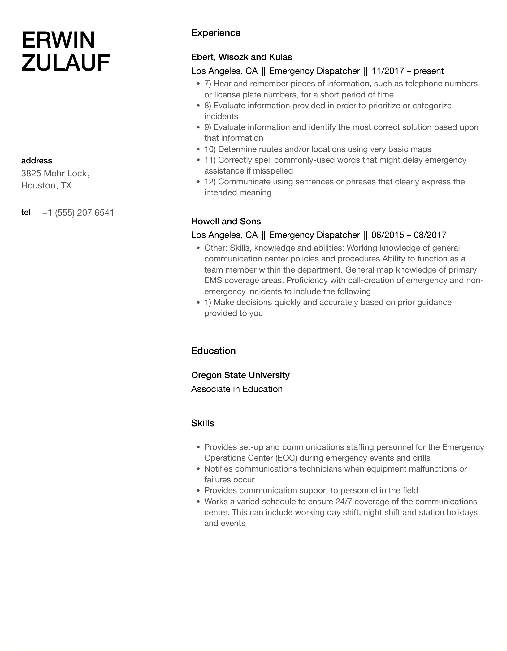 Resume Objective Examples For 911 Dispatcher
