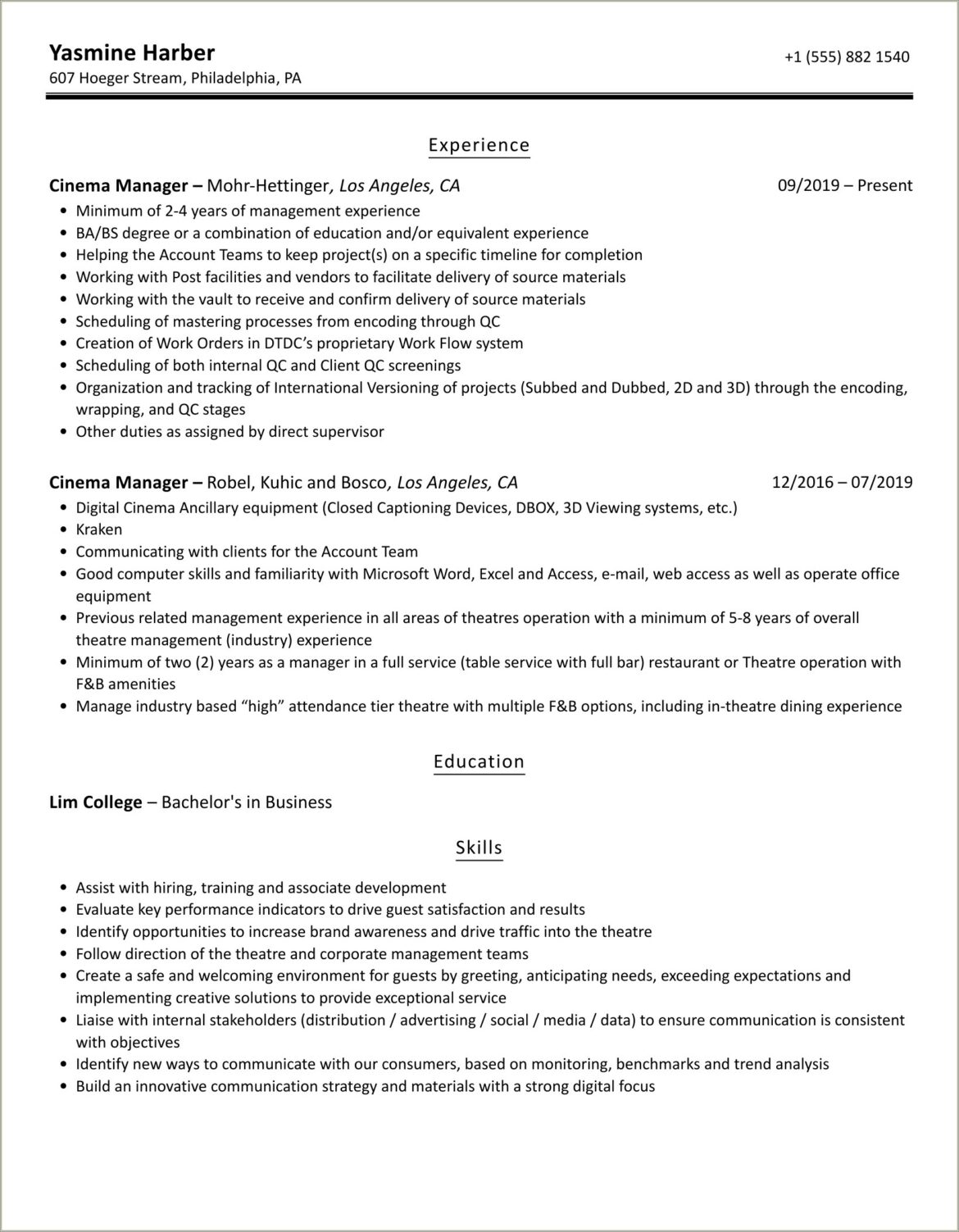 Resume Objective Examples For A Movie Theatre