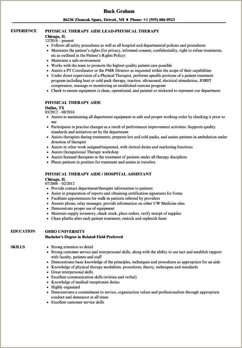 Resume Objective Examples For A Physical Therapist