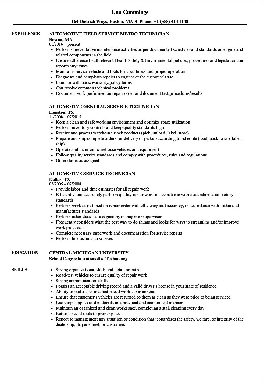 Resume Objective Examples For Automotive Technician