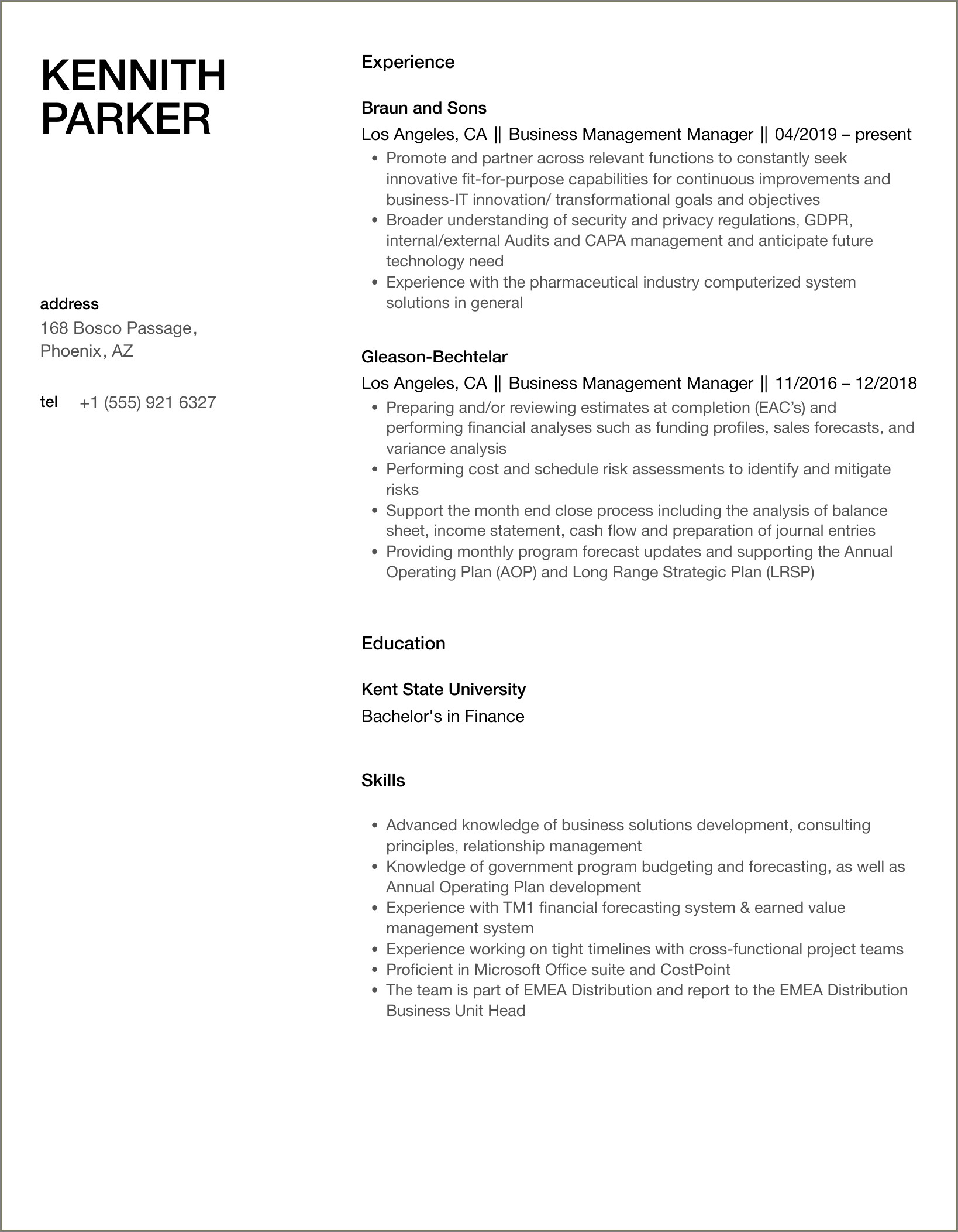 Resume Objective Examples For Business Management