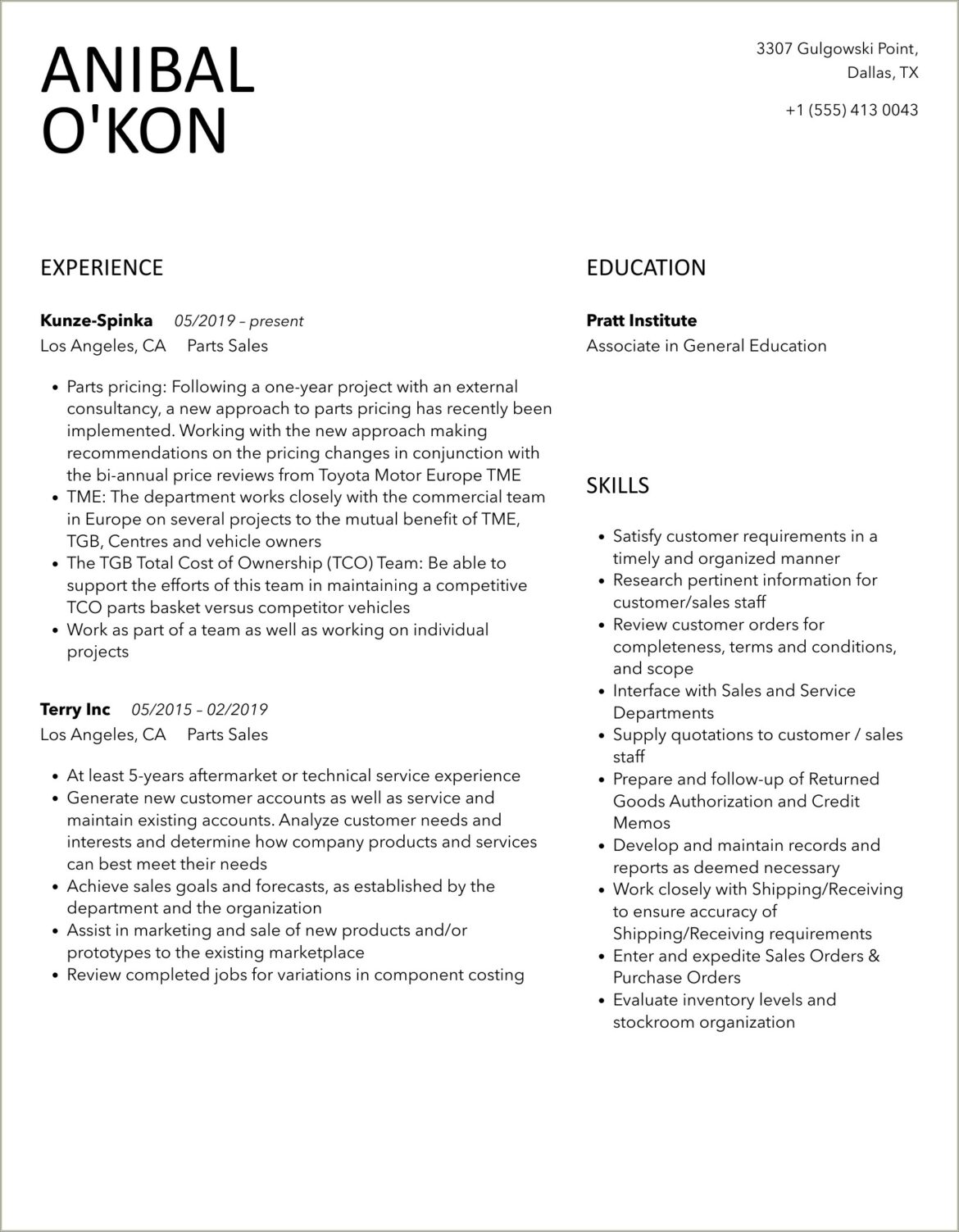 Resume Objective Examples For Car Parts Salesman