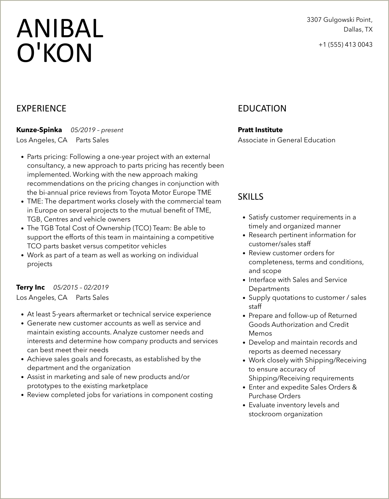 Resume Objective Examples For Car Parts Salesman