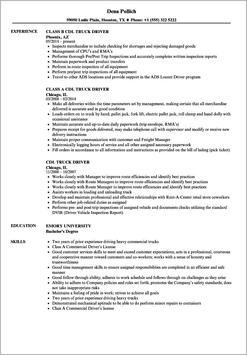 Resume Objective Examples For Cdl Driver