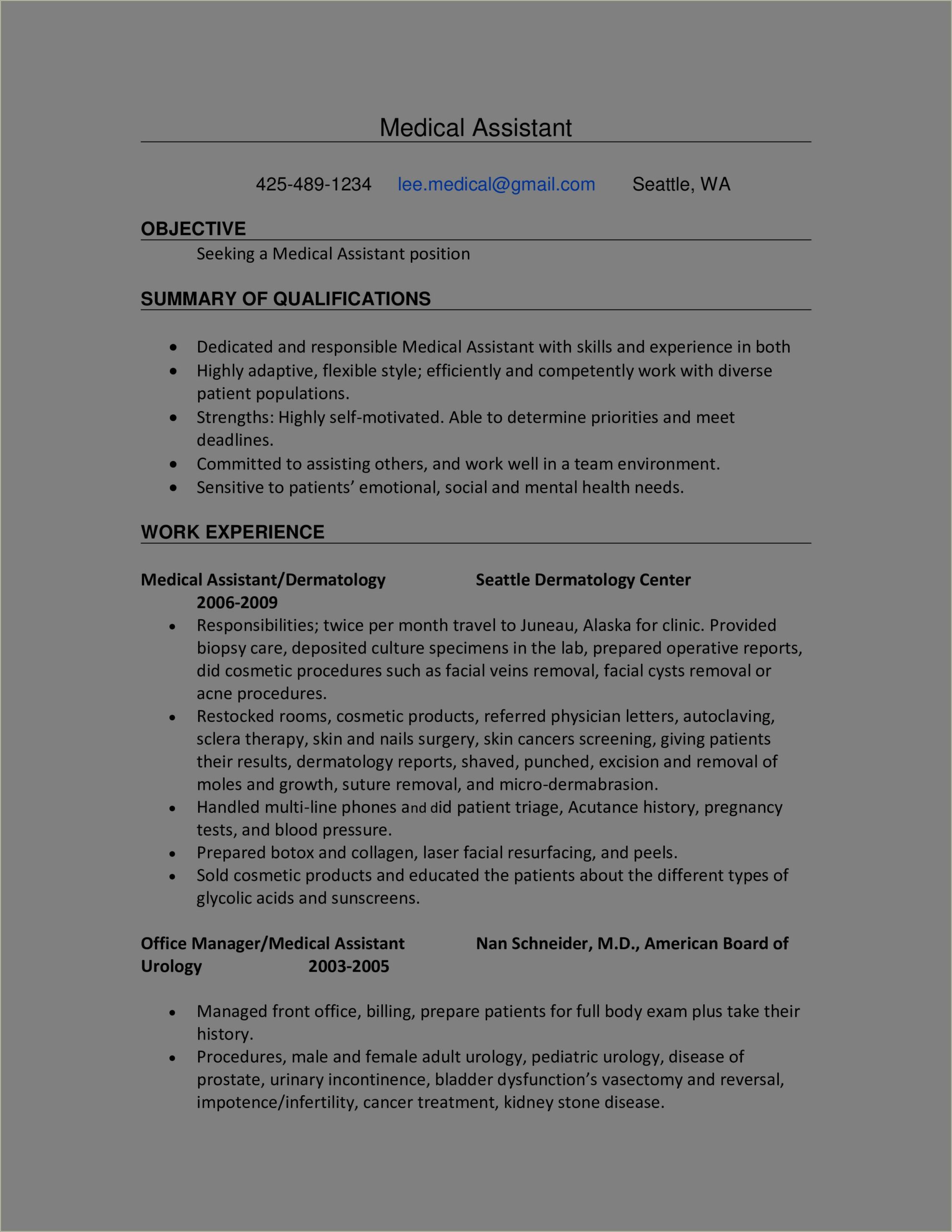 Resume Objective Examples For Chiropractic Receptionist