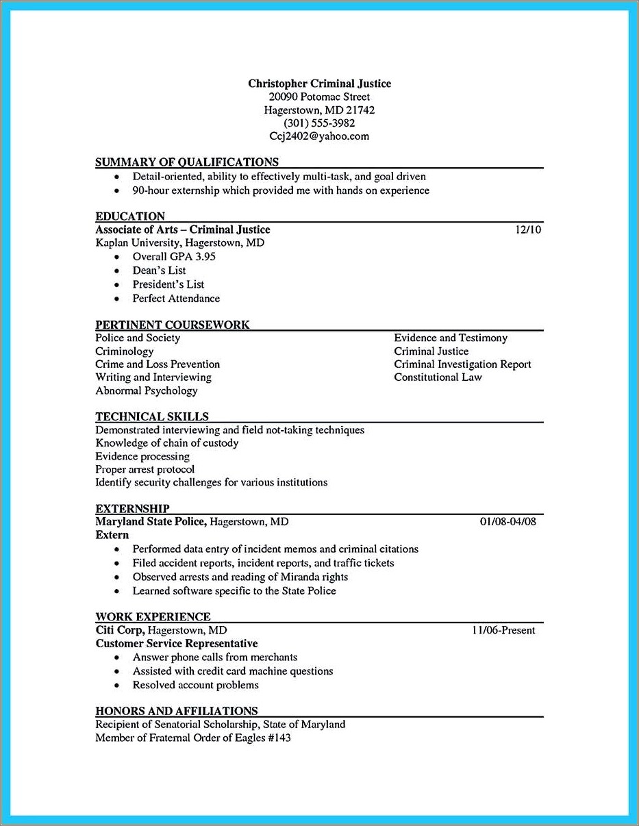 Resume Objective Examples For Criminal Justice Major