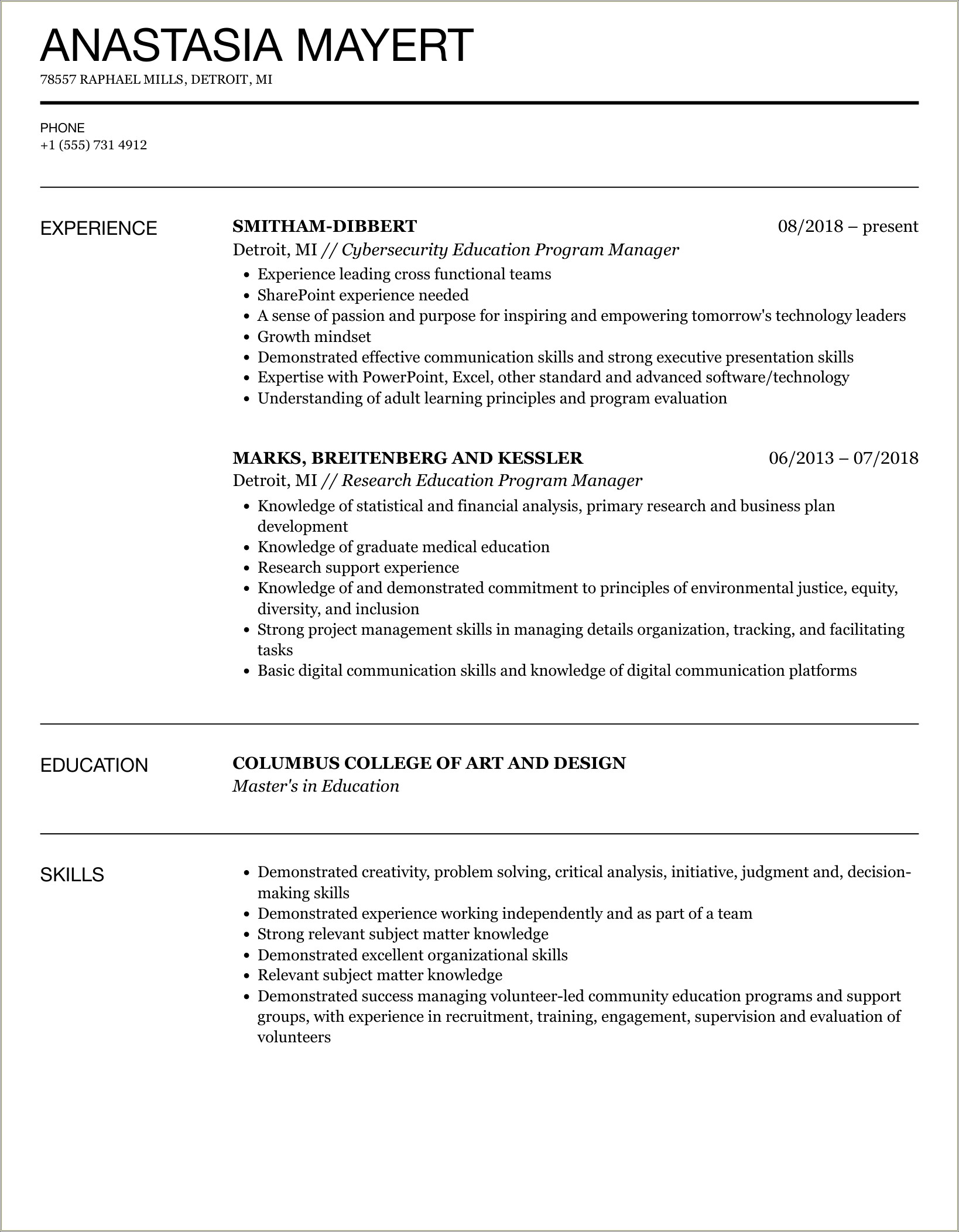 Resume Objective Examples For Education Program Manager