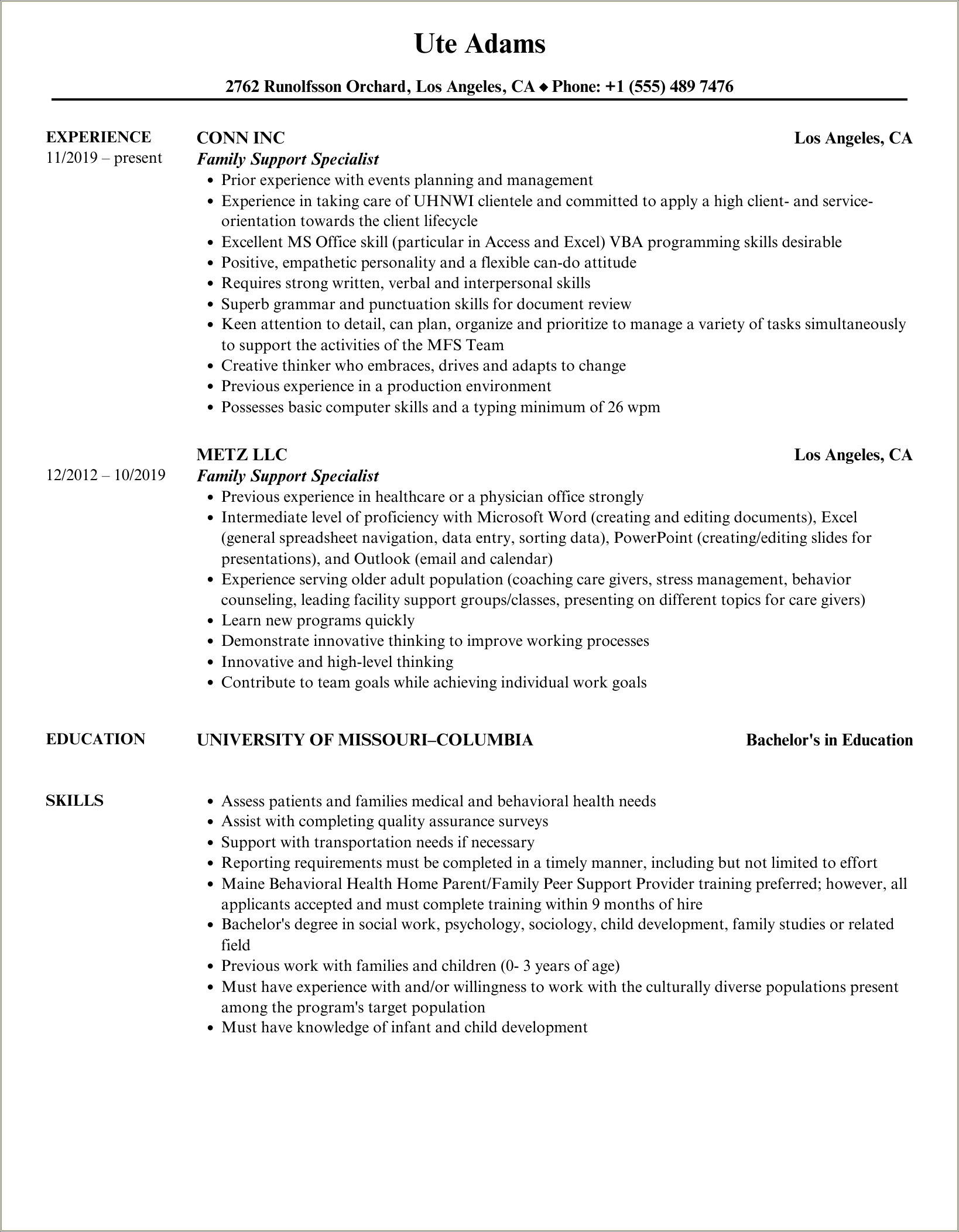 Resume Objective Examples For Family Speciallist
