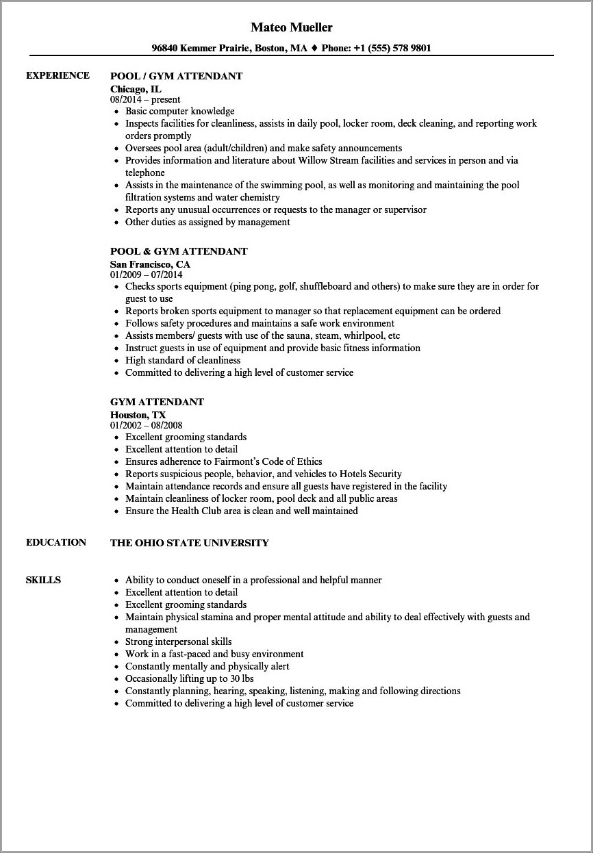 Resume Objective Examples For Gym Receptionist