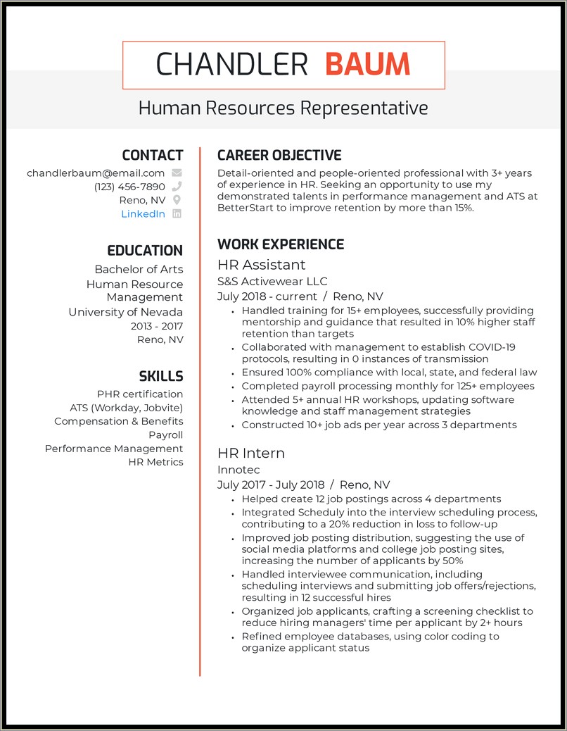 Resume Objective Examples For Hr Position