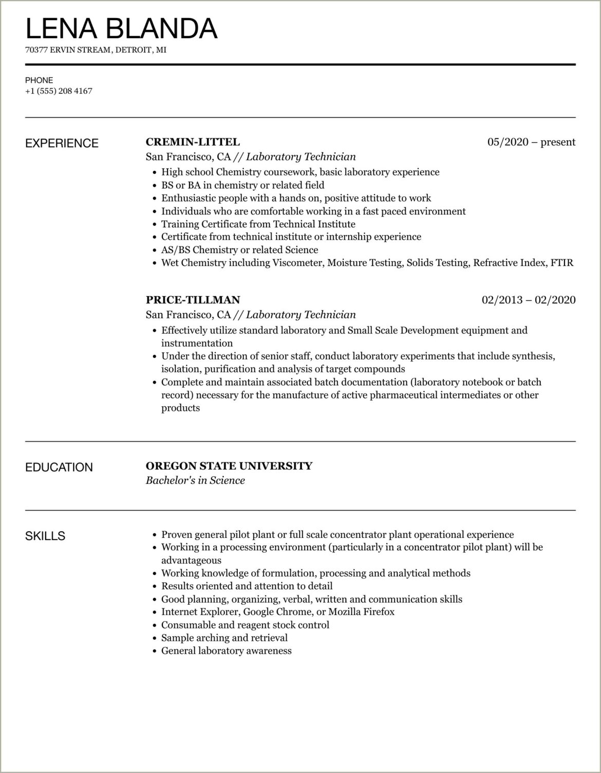 Resume Objective Examples For Lab Technician