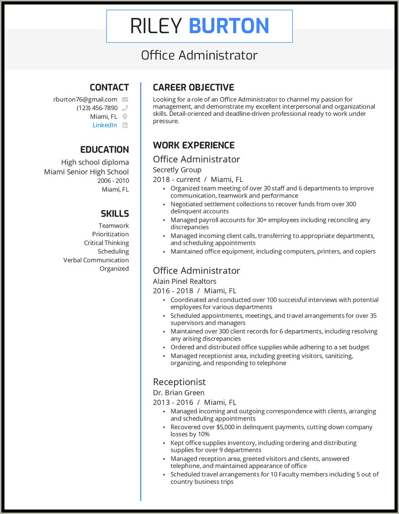 Resume Objective Examples For Office Positions