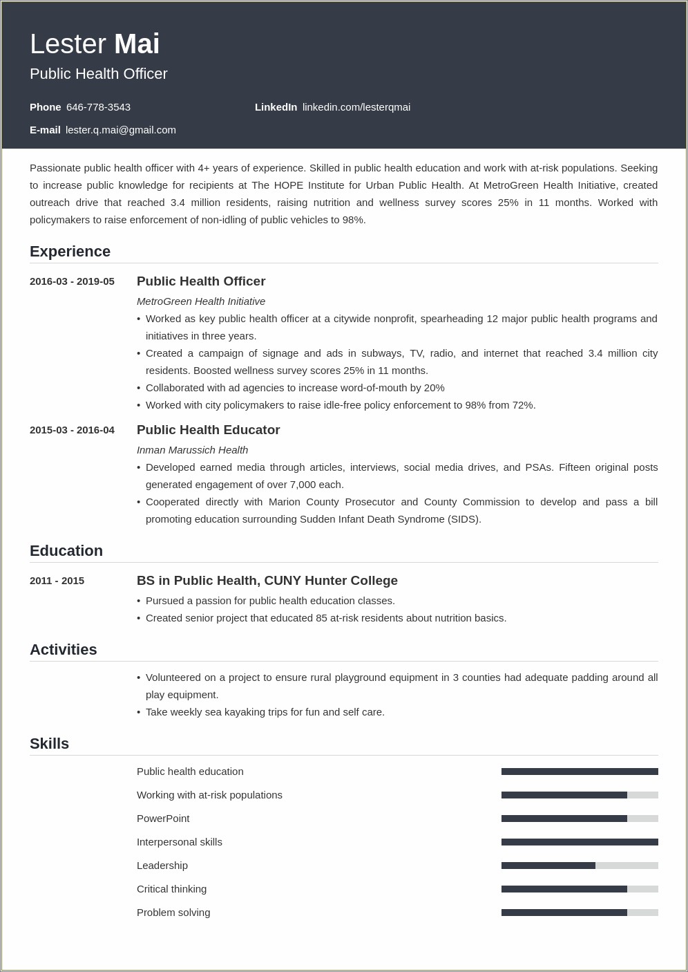 Resume Objective Examples For Public Health