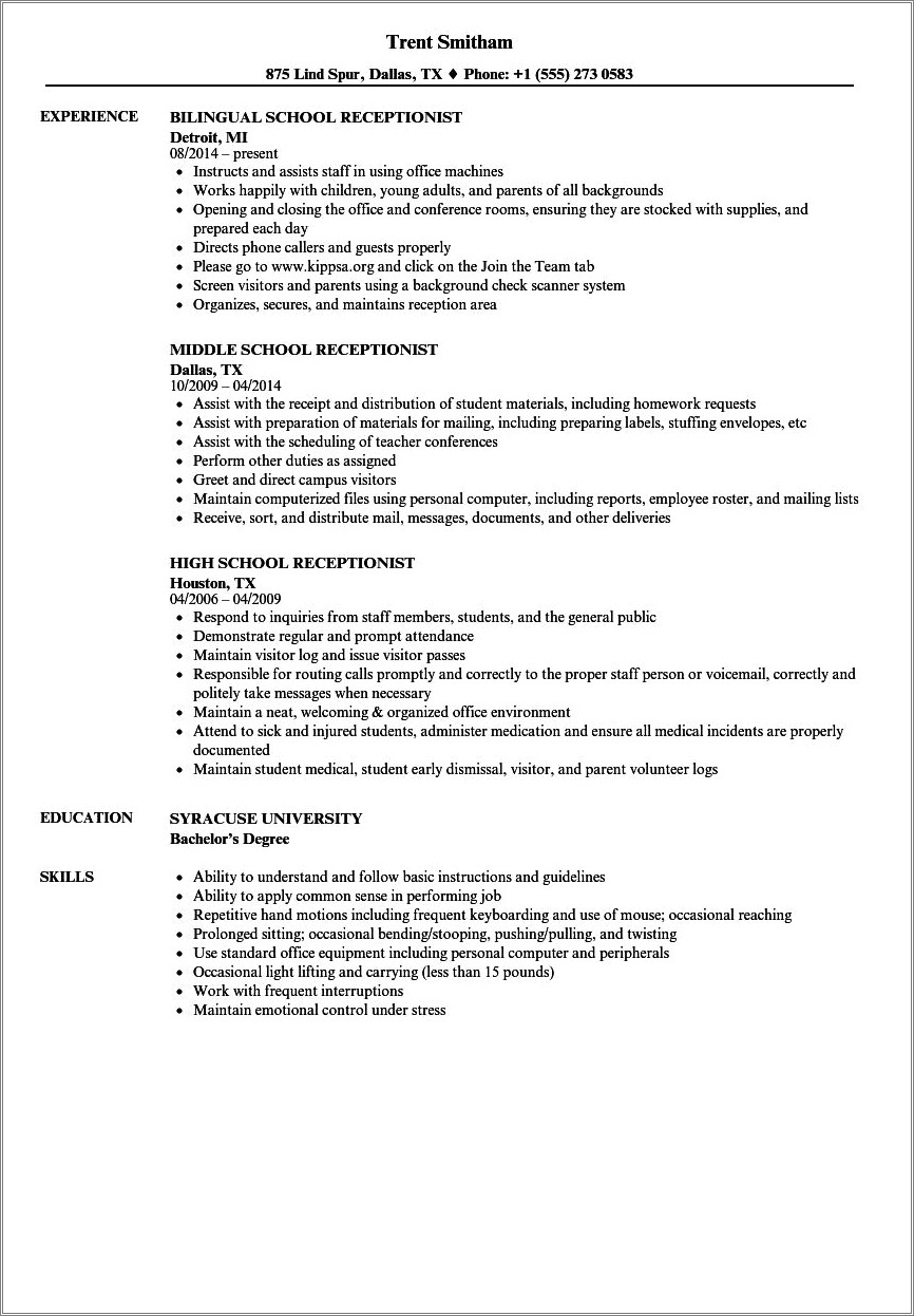 Resume Objective Examples For Receptionist Position