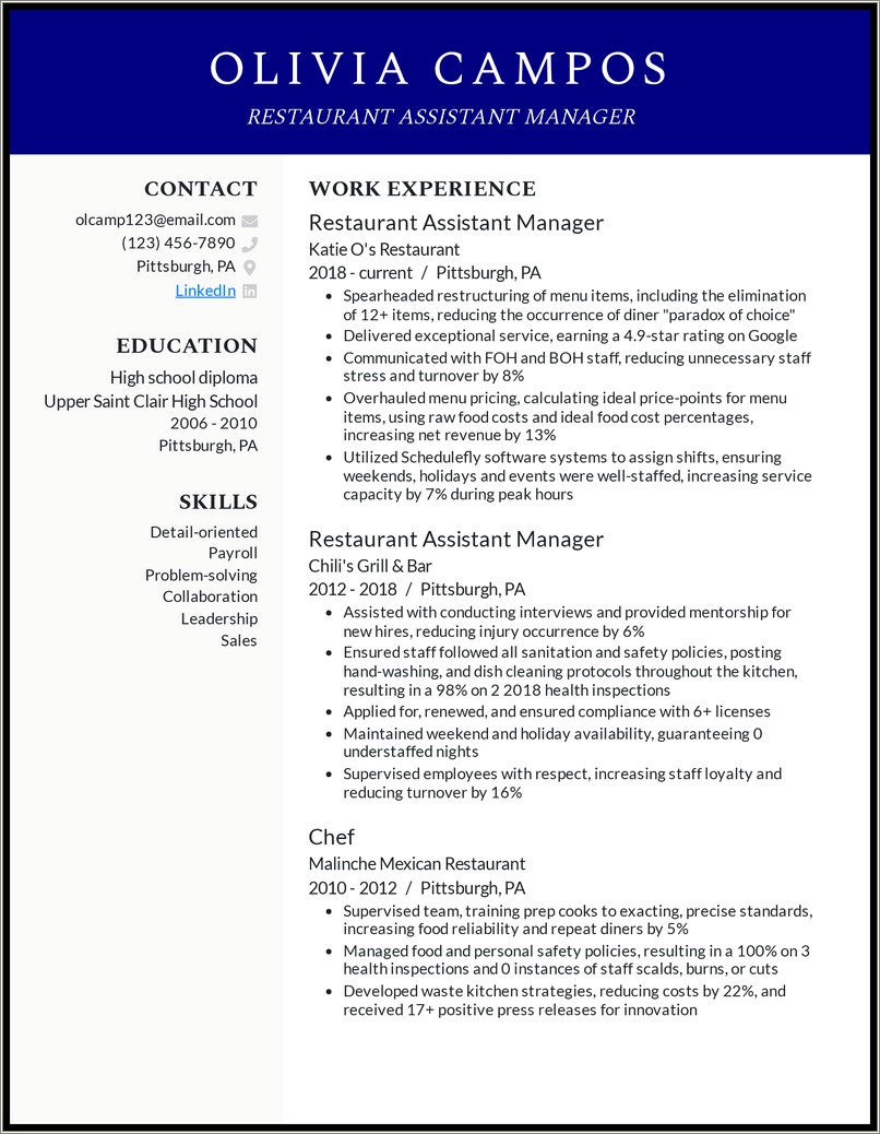 Resume Objective Examples For Restaurant Supervisor
