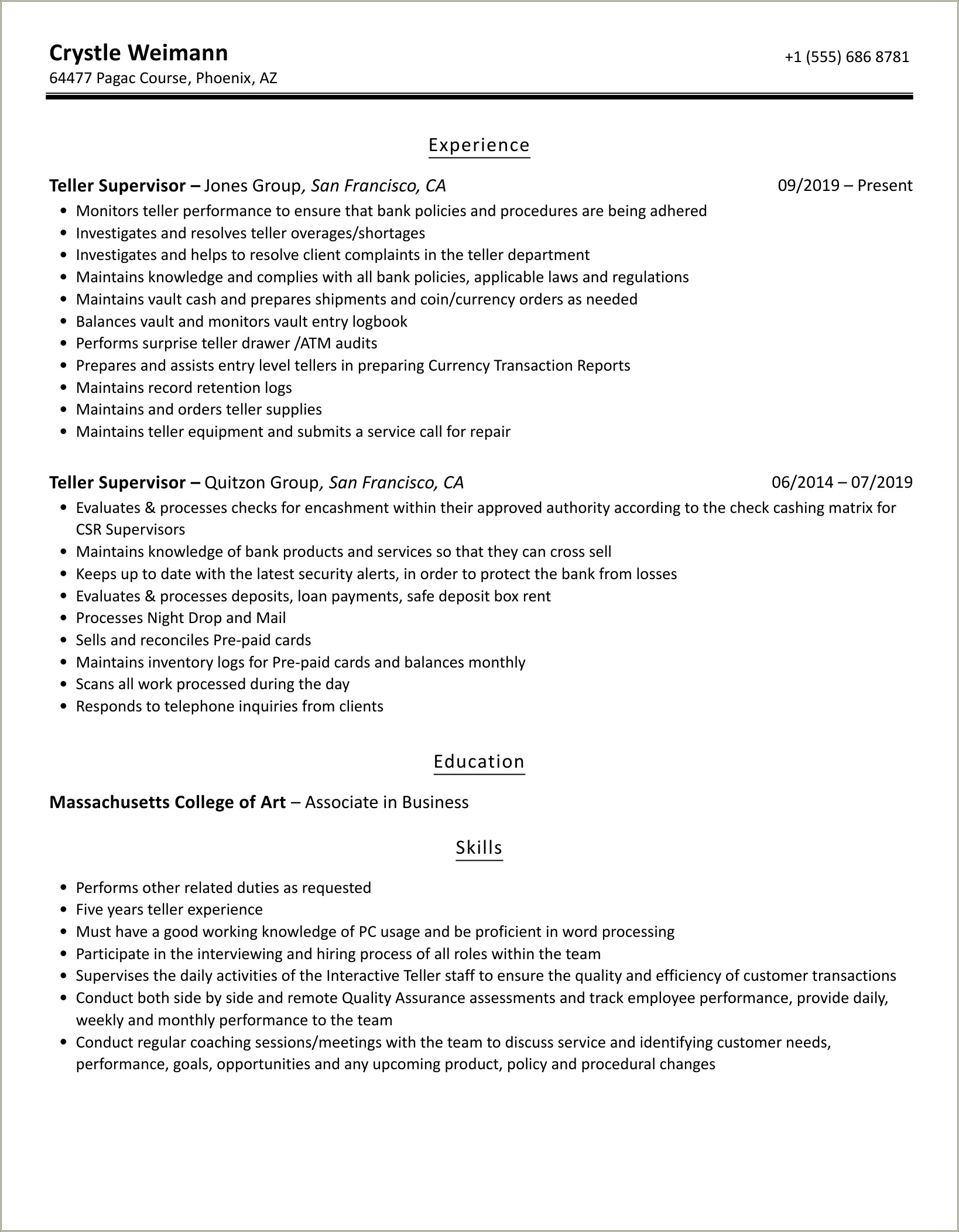 Resume Objective Examples For Teller Supervisor