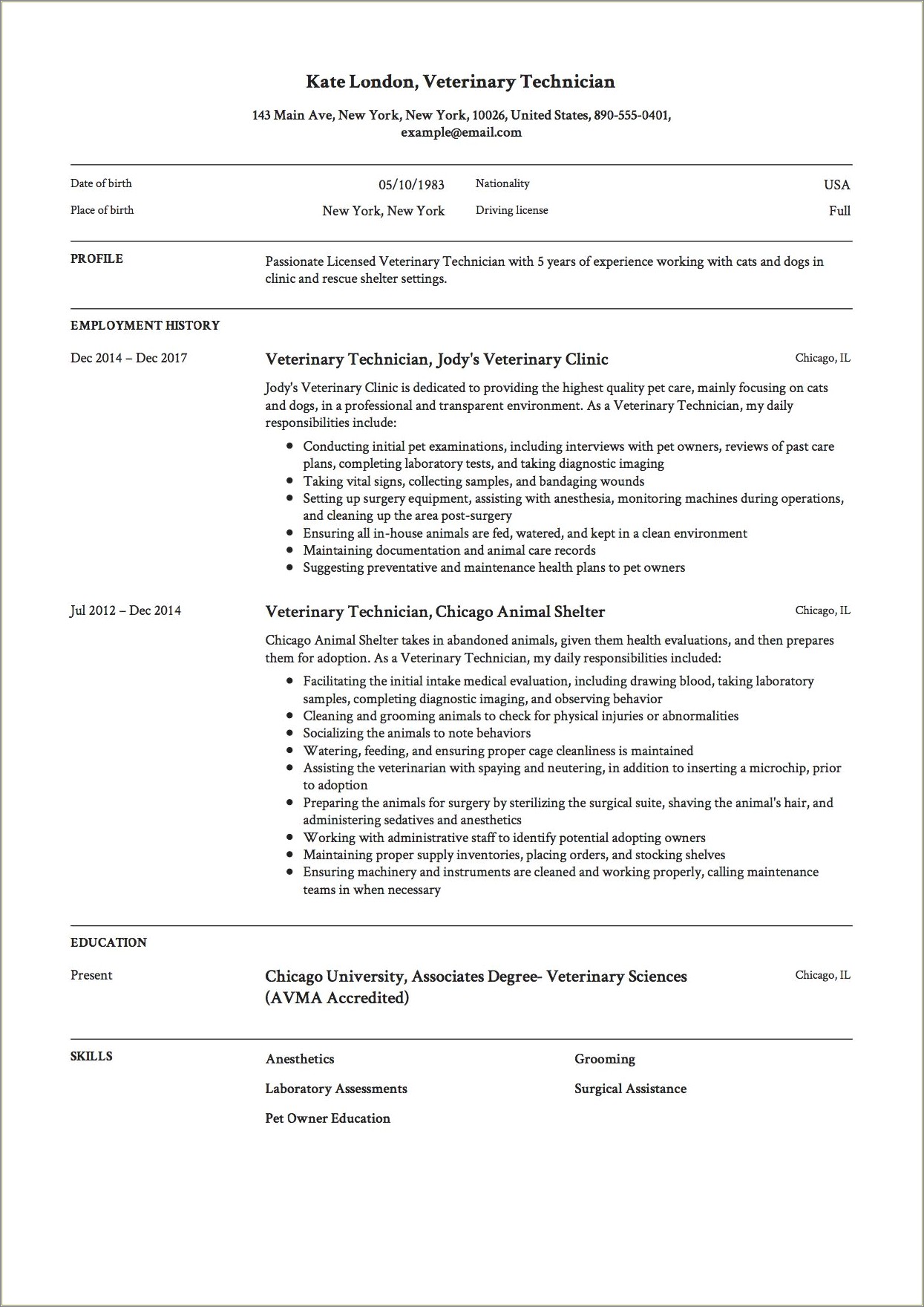Resume Objective Examples For Veterinary Assistant