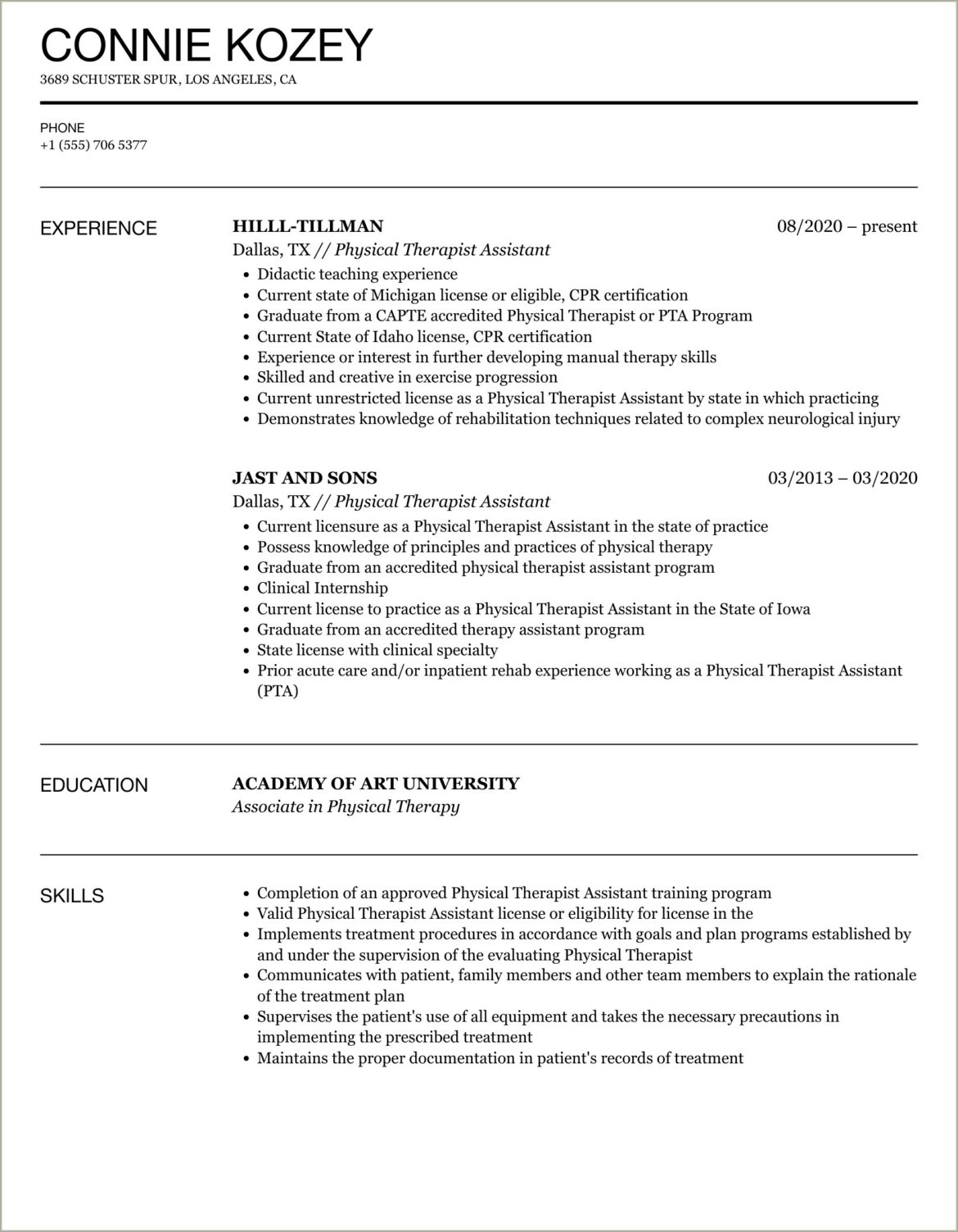 Resume Objective Examples Physical Therapist Assistant