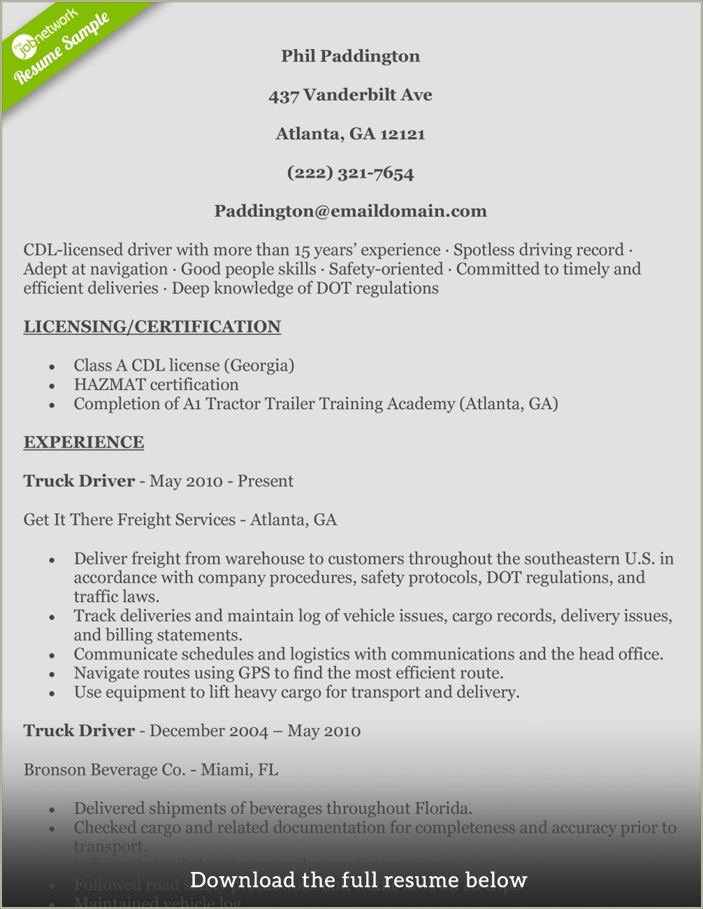 Resume Objective For A Commerical Driver