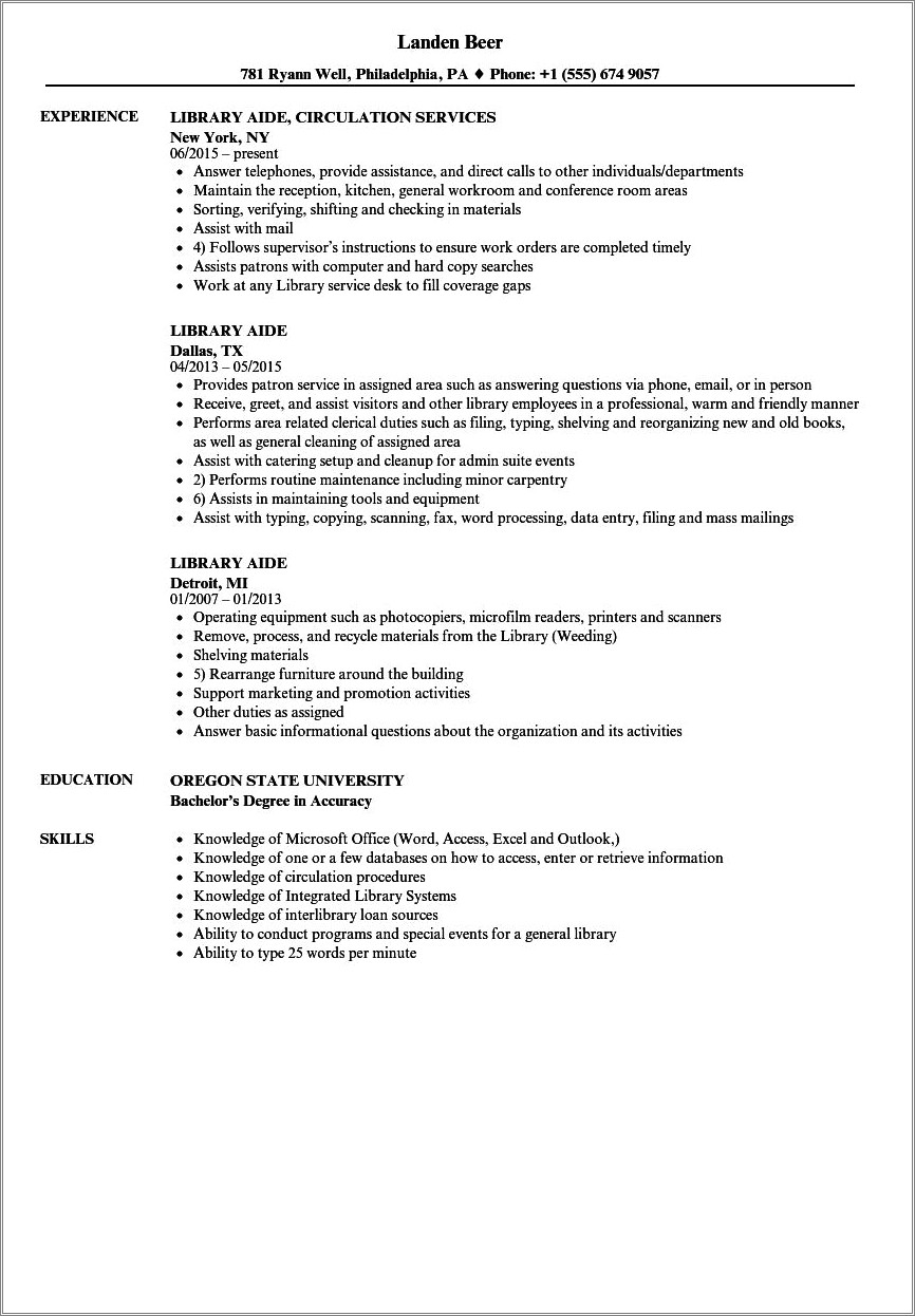 Resume Objective For A Library Assistant