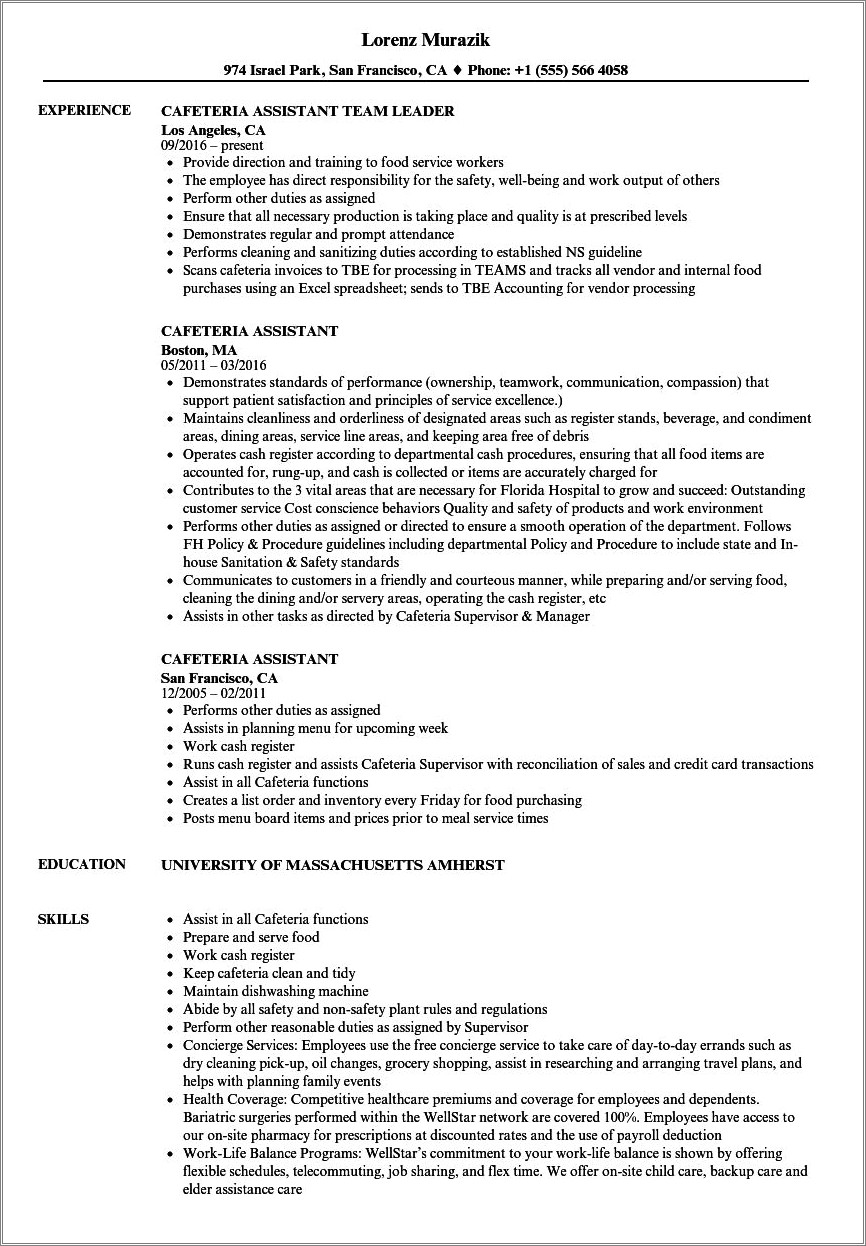 Resume Objective For A Lunch Aide