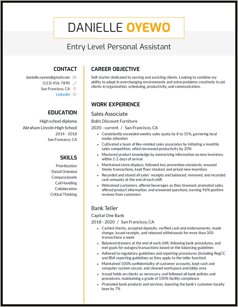 Resume Objective For A Personal Assistant