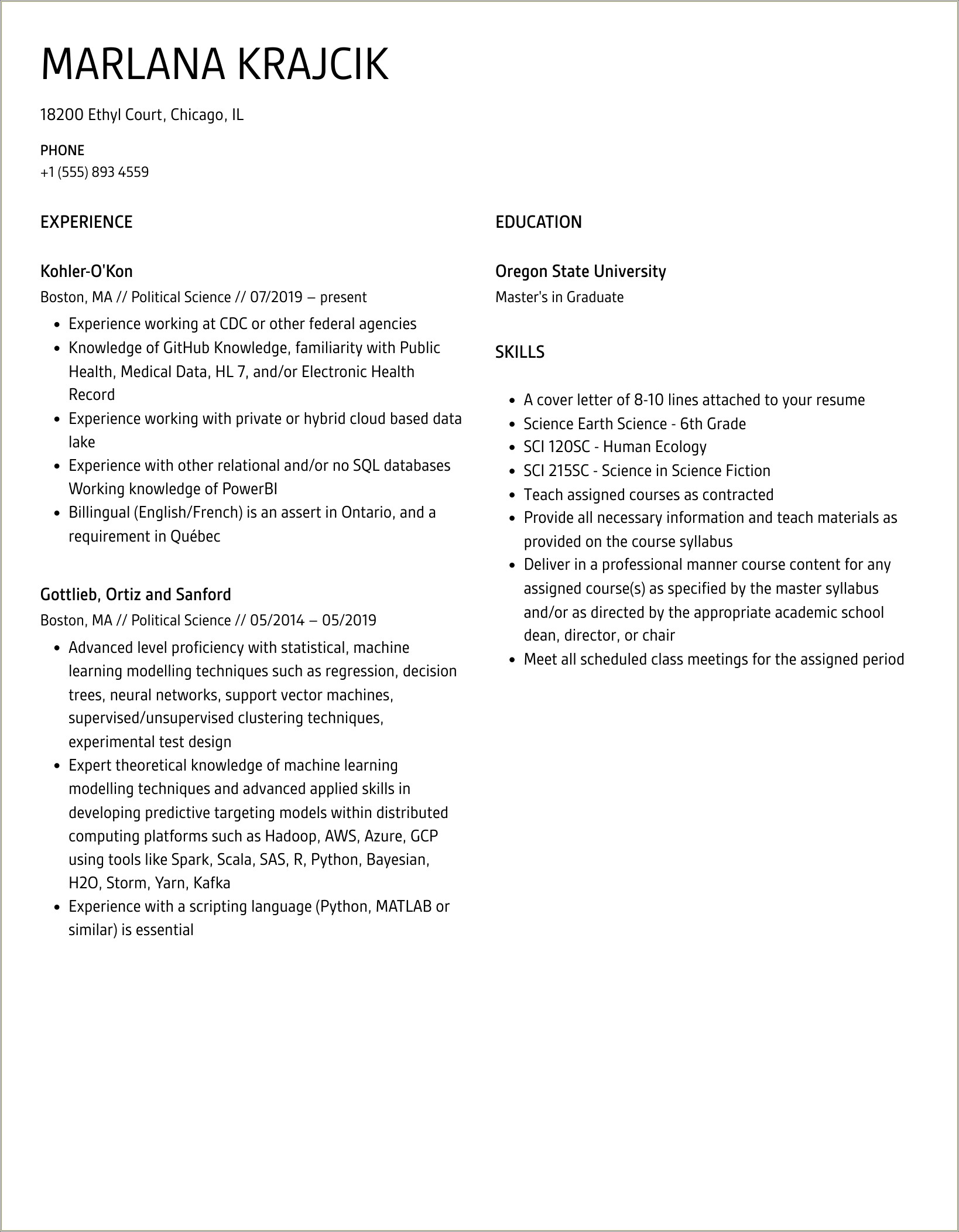 Resume Objective For A Political Science Major