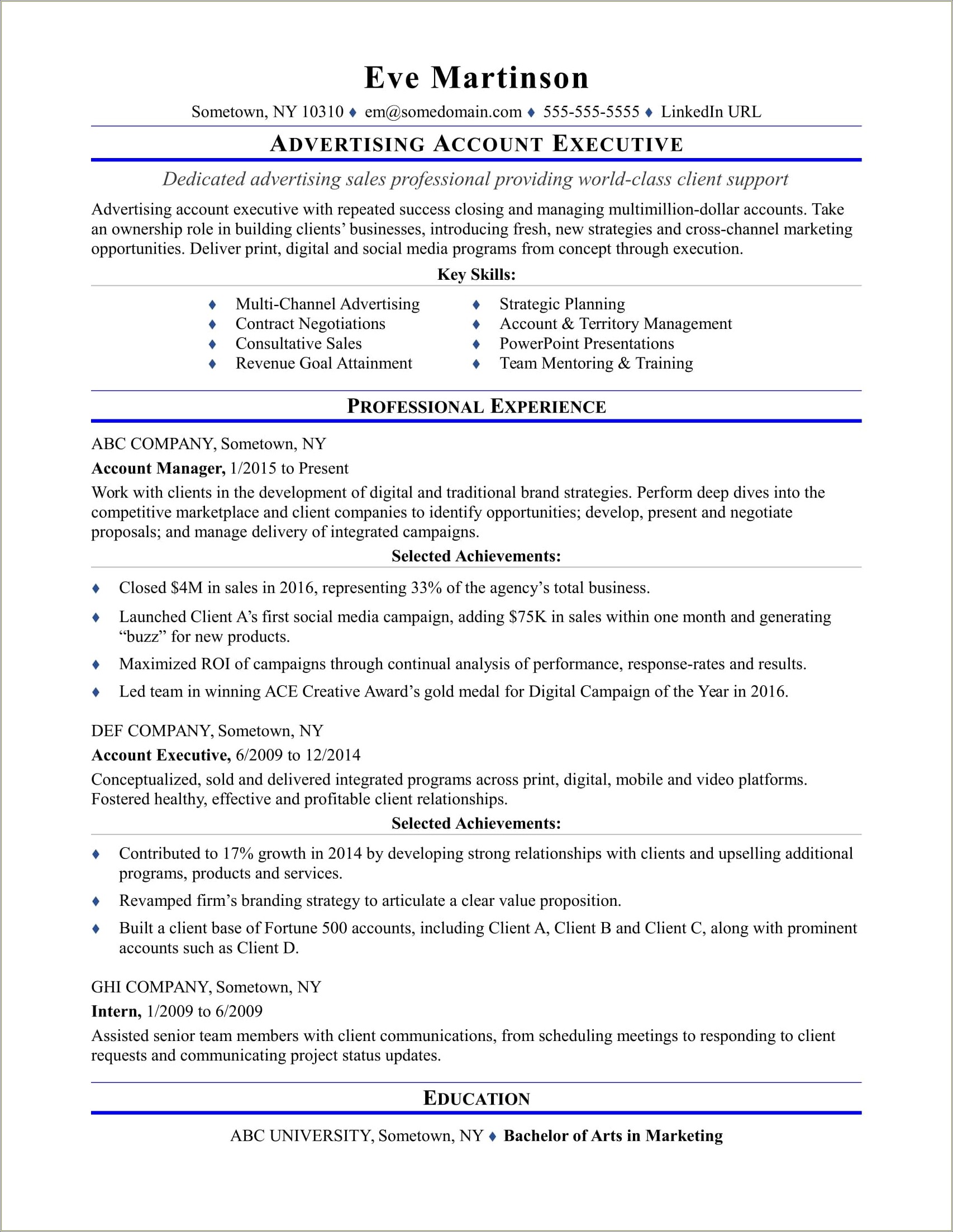 Resume Objective For Account Executive Position