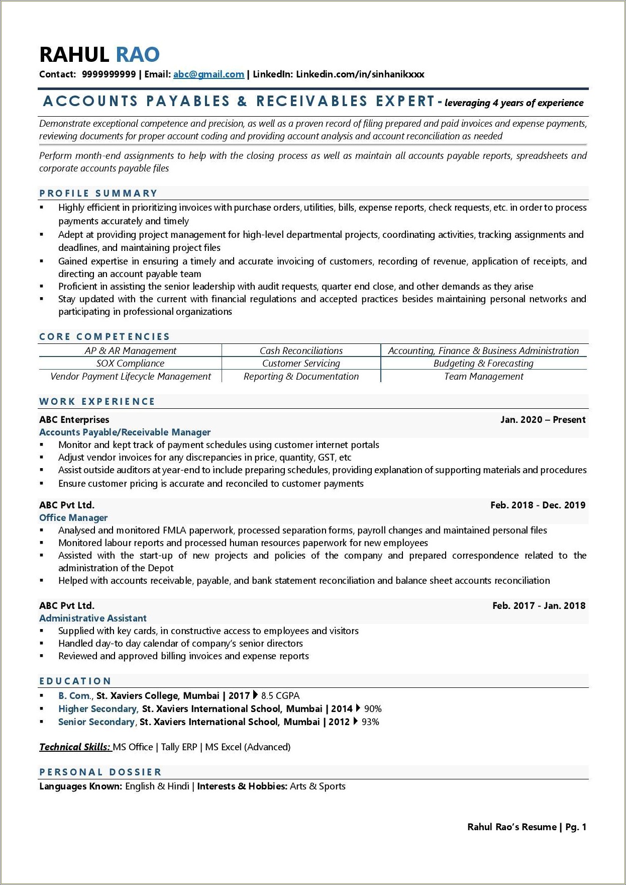 Resume Objective For Accounts Receivable Manager