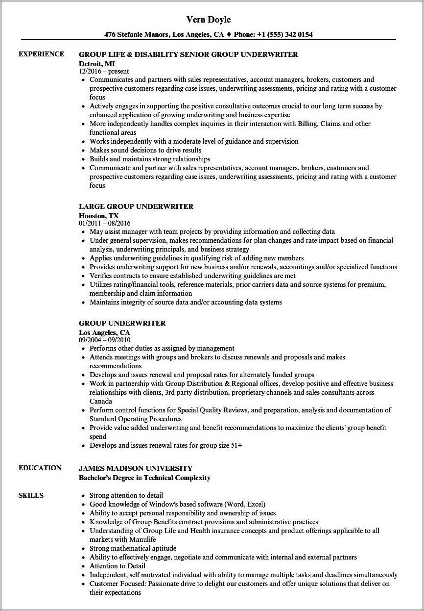 Resume Objective For Associate Underwriter Position