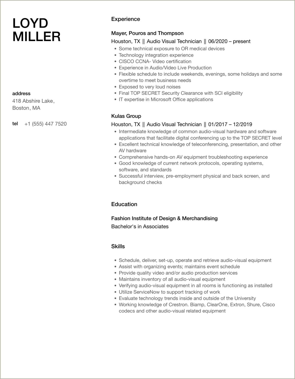 Resume Objective For Audio Visual Technician