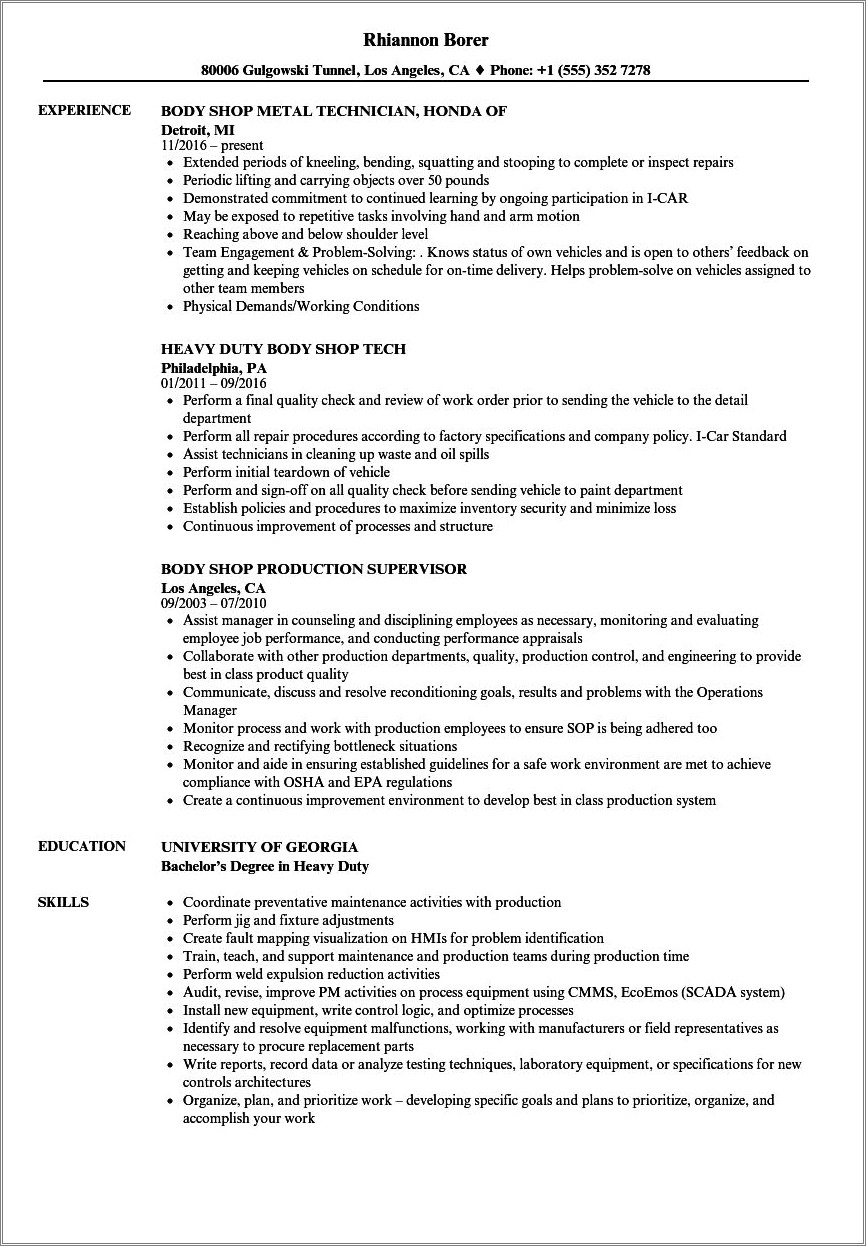 Resume Objective For Auto Body Mechanic Samples