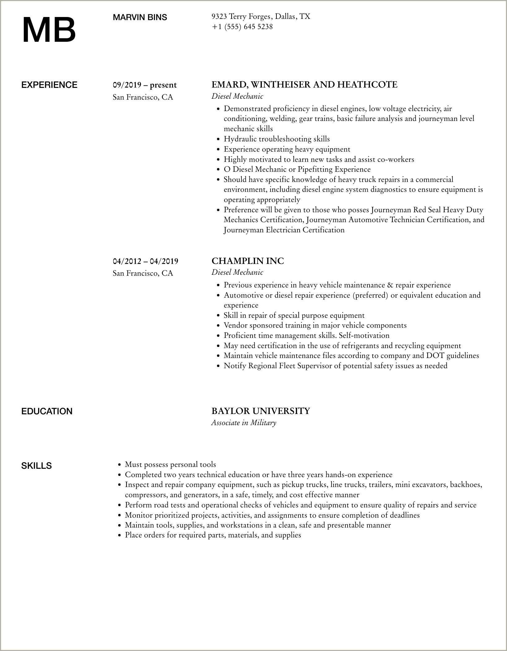 Resume Objective For Automotive Mechanic Supervisor