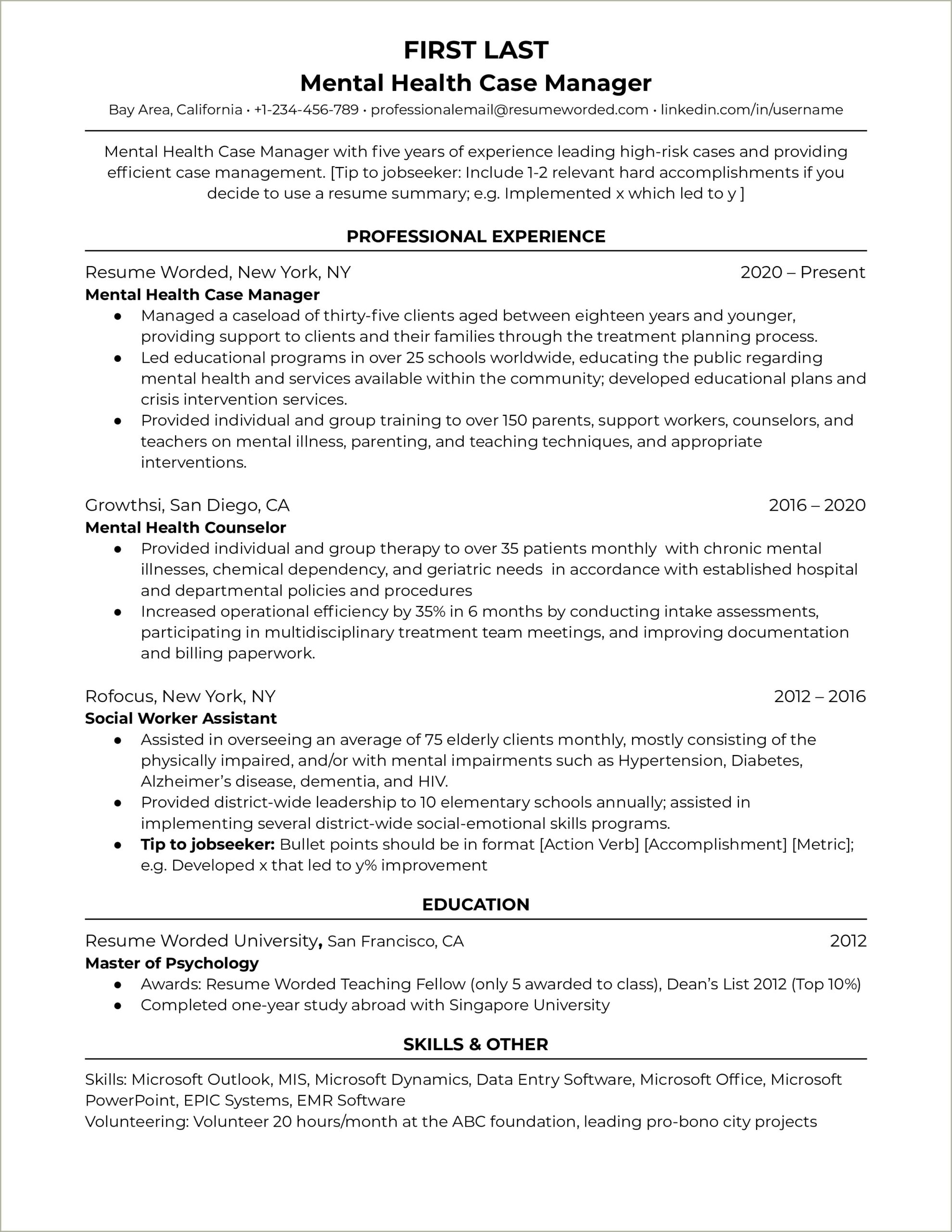 Resume Objective For Behavioral Health Management