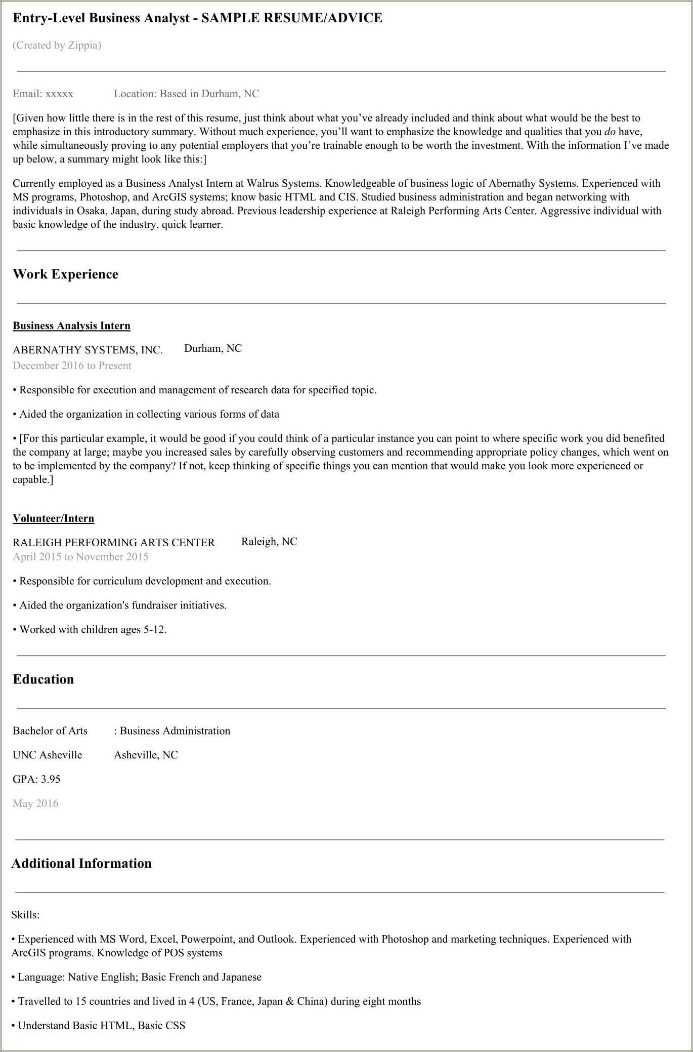 Resume Objective For Business Analyst Internship
