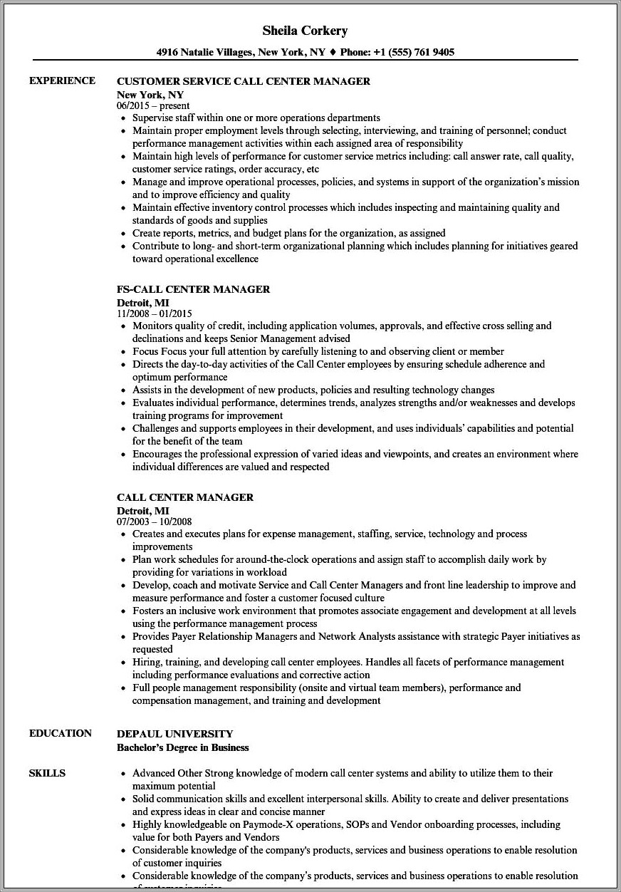 Resume Objective For Call Center Supervisor
