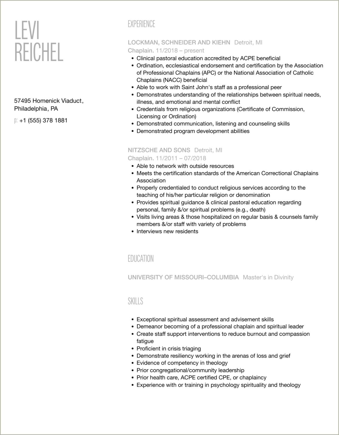 Resume Objective For Chaplain Internship Position