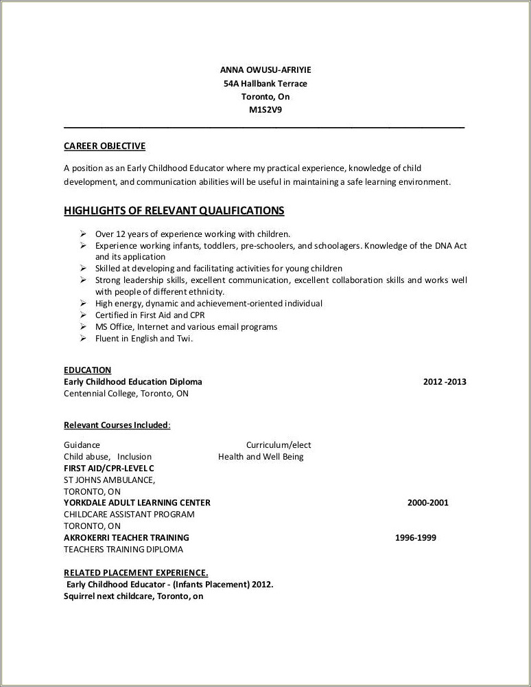 Resume Objective For Child Care Assistant