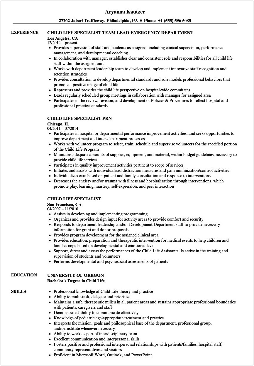 Resume Objective For Child Life Specialist